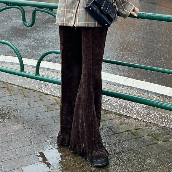 Coffee Brown Women's Elastic Waist Velvetish ruffled Hem Long Pants - Picture 6 of 7